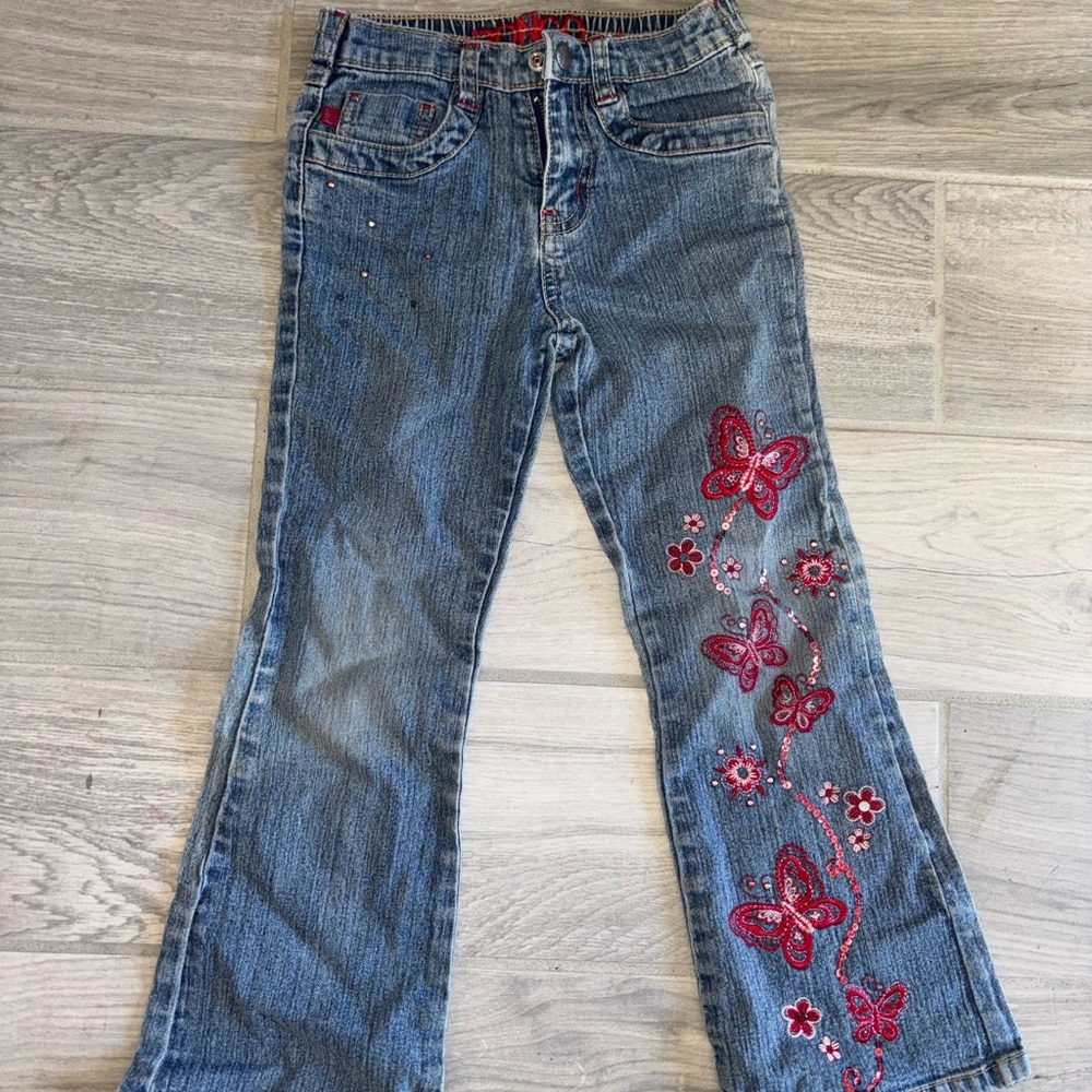 Blue Flare Wide Leg Jeans with Floral Embellishments